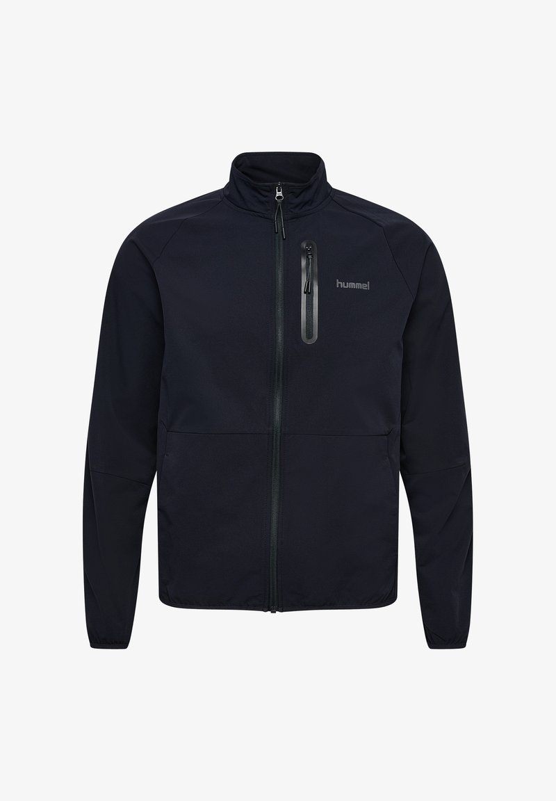 Zwarte jas met ritssluiting, hoge kraag, lange mouwen, borstzak met rits en het "hummel"-logo op de linkerborst.