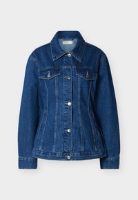 Μπλε τζιν μπουφάν με κουμπιά στο εμπρός μέρος, δύο τσέπες στο στήθος με καπάκια και πλευρικές τσέπες με σχισμές, με κλασικό γιακά και μακριά μανίκια.