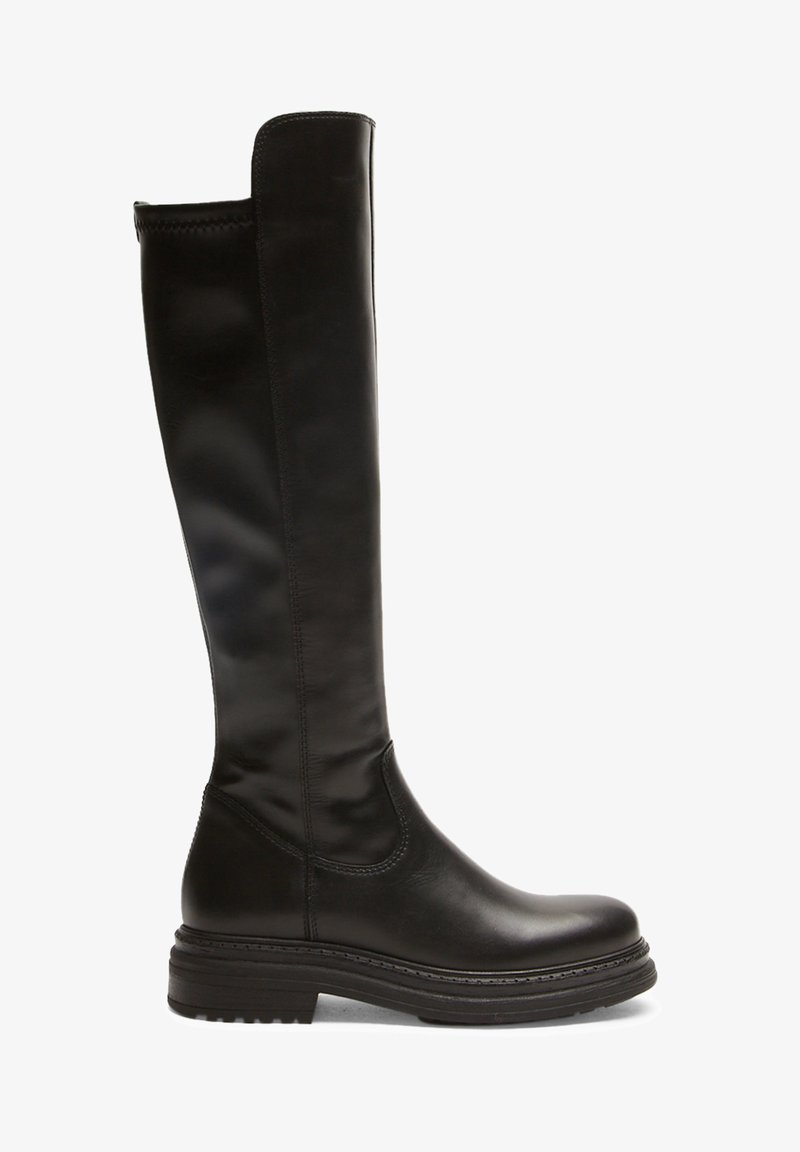 Zwarte leren laarzen tot de knie met een gladde afwerking. Voorzien van een ronde neus en een dikke platformzool met een gestructureerde grip.
