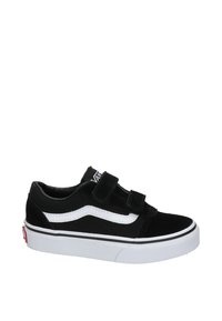 Zapatillas de skate negras con parte superior de ante, que presentan un diseño de ola blanca, correas de velcro y una suela de goma con un ribete blanco.