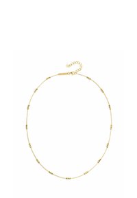 Collar de cadena de oro con pequeñas cuentas redondas y un diseño delicado. Cuenta con un cierre con una cadena ajustable para variar la longitud.