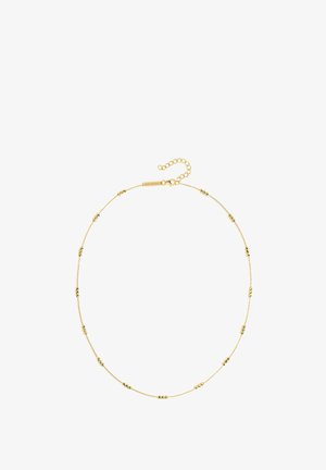 Goldene Kettenhalskette mit kleinen runden Perlen und einem filigranen Design. Verfügt über einen Verschluss mit einer verstellbaren Kette zur Längenvariation.