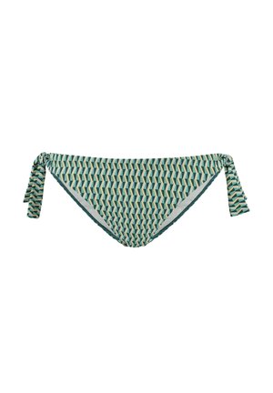 Bikinitrio met een geometrisch patroon in groen en beige, voorzien van zijstrikjes en een zachte textuur. Volledig gevoerd met een gladde binnenkant.