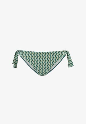 Bikinitrio met een geometrisch patroon in groen en beige, voorzien van zijstrikjes en een zachte textuur. Volledig gevoerd met een gladde binnenkant.