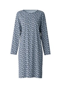 Navy blue long-sleeve dress with a floral pattern in white. Features a crew neck and a loose fit for comfort. Soft fabric texture.