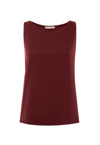 Top bordeaux senza maniche con scollatura tonda, realizzato in tessuto liscio. Presenta una vestibilità morbida e un'orlo dritto in vita.