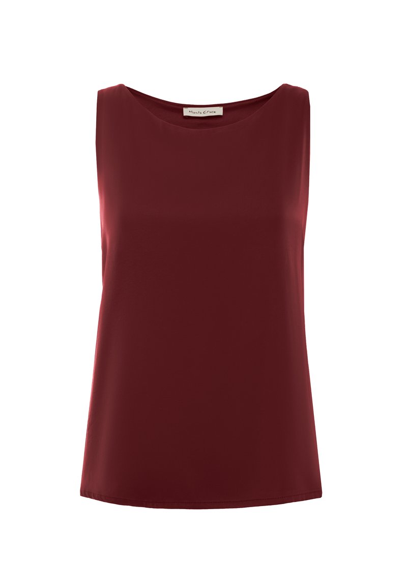 Top bordeaux senza maniche con scollatura tonda, realizzato in tessuto liscio. Presenta una vestibilità morbida e un'orlo dritto in vita.