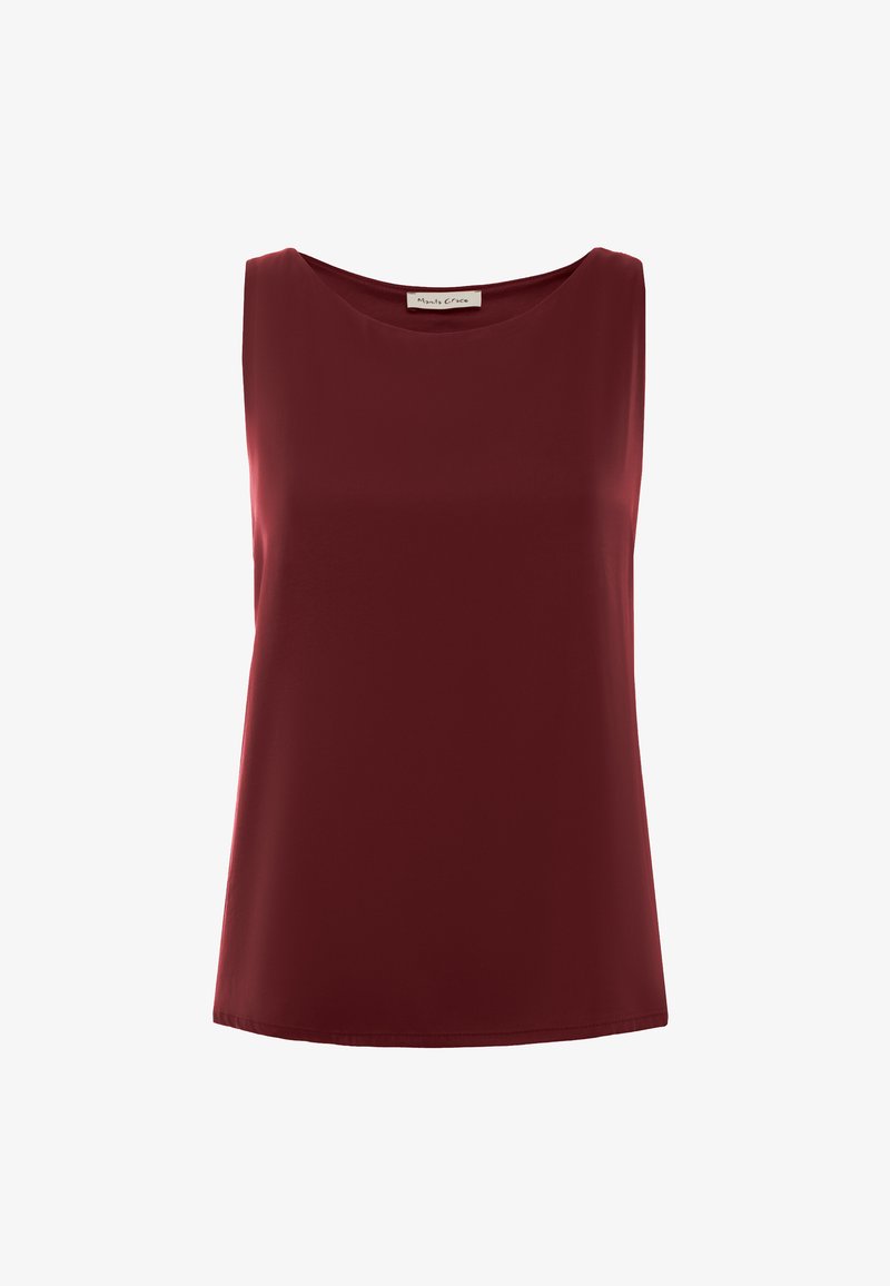 Top bordeaux senza maniche con scollatura tonda, realizzato in tessuto liscio. Presenta una vestibilità morbida e un'orlo dritto in vita.
