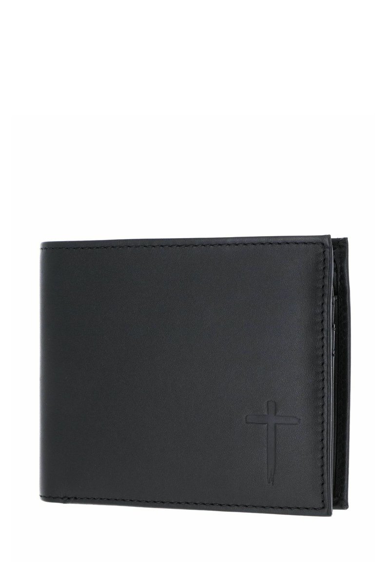 Portefeuille en cuir noir avec une texture lisse, design bi-fold, et détail en relief en forme de croix sur le devant. Bordures cousues et forme compacte.