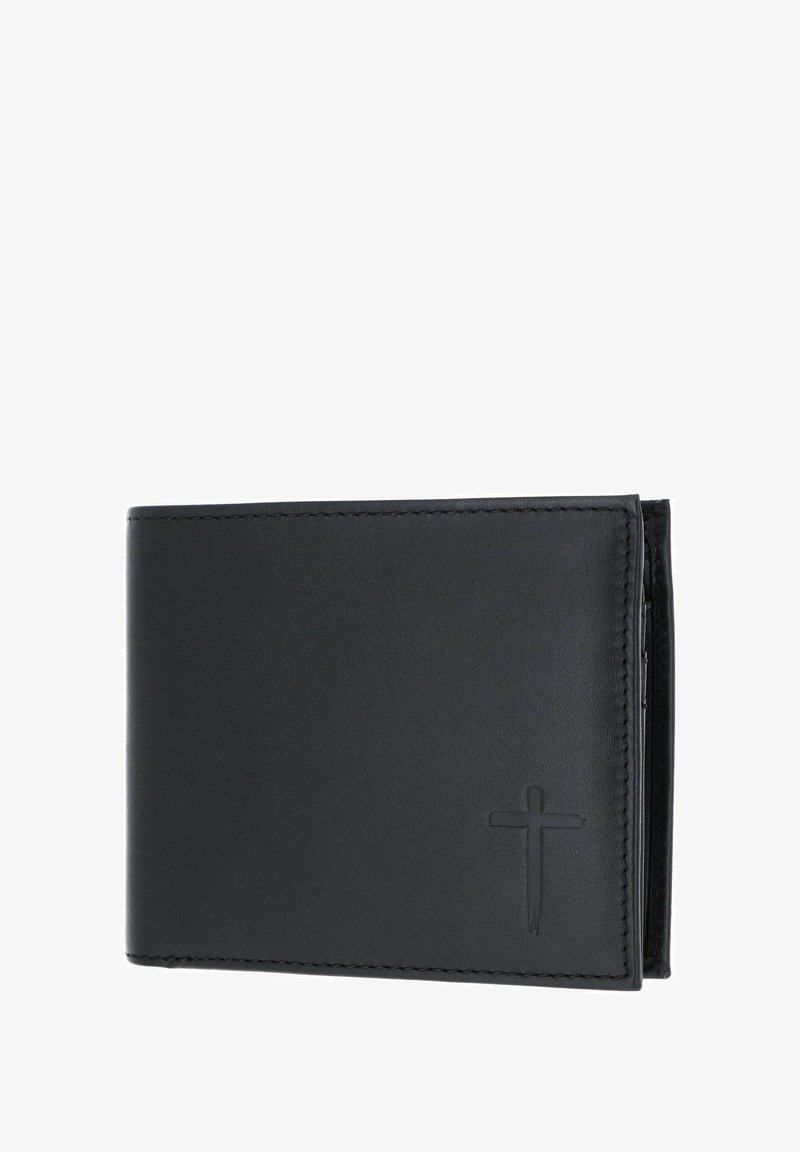 Portefeuille en cuir noir avec une texture lisse, design bi-fold, et détail en relief en forme de croix sur le devant. Bordures cousues et forme compacte.