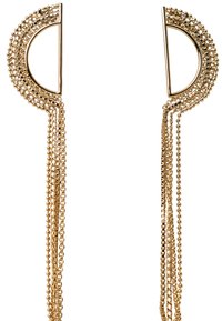 Gouden oorbellen met een halfcirkelontwerp, voorzien van watervalachtige, getextureerde kettingen en verschillende schakels, wat een complexe gelaagdheid creëert.