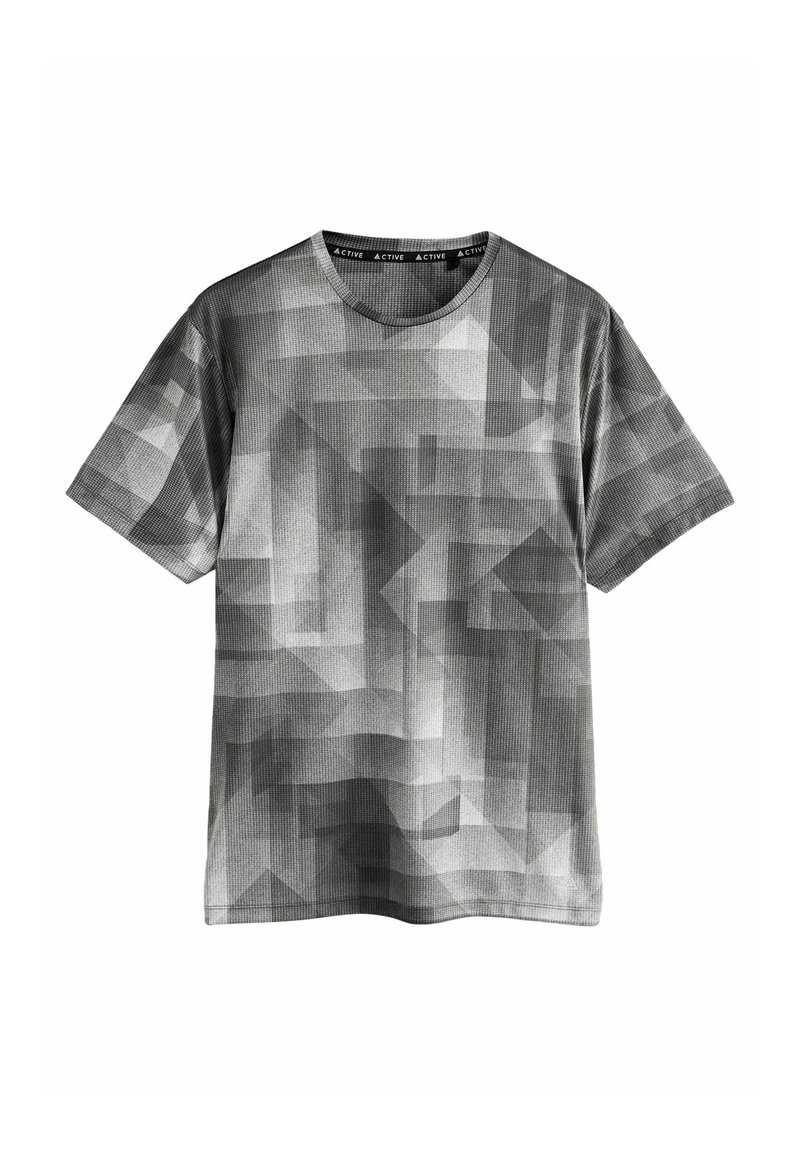 Kortærmet t-shirt i gråtoner med geometrisk mønster. Har en rund halsudskæring og tekstureret stof for et moderne udseende.