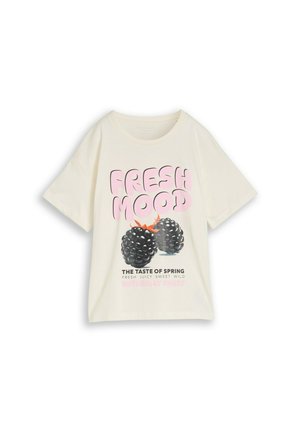 Kremowy t-shirt z różowym napisem „FRESH MOOD” nad dwoma jeżynami oraz mniejszym tekstem „THE TASTE OF SPRING” i opisowymi słowami.