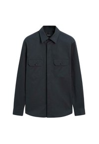 Dark navy long-sleeve button-up shirt, featuring two front pockets with rectangular flaps and a classic collar. Smooth fabric texture.