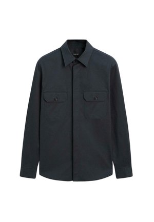 Dark navy long-sleeve button-up shirt, featuring two front pockets with rectangular flaps and a classic collar. Smooth fabric texture.