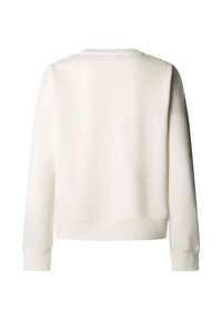 Krémovo sfarbená mikina s okrúhlym výstrihom, rebrovanými manžetami a lemom, s hladkou textúrou a uvoľneným strihom, zobrazená iba zo zadnej strany.