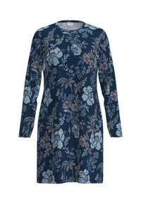 Abito floreale navy con maniche lunghe, caratterizzato da motivi floreali blu chiaro e rosa, scollatura rotonda e una texture di tessuto morbido.