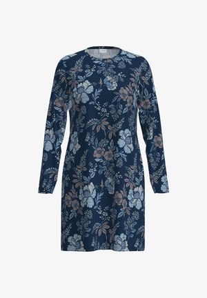 Marineblaues Blumenkleid mit langen Ärmeln, das hellblaue und zarte Blumenmuster zeigt, einen runden Halsausschnitt und eine glatte Stoffoberfläche hat.