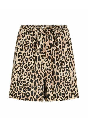 Shorts beige et noirs à imprimé léopard avec taille élastique et lien à nouer à l'avant, coupe ample et longueur jusqu'à mi-cuisse.