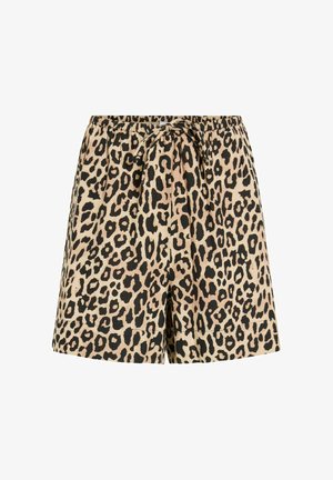 Shorts beige et noirs à imprimé léopard avec taille élastique et lien à nouer à l'avant, coupe ample et longueur jusqu'à mi-cuisse.