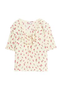 Bloemige blouse met een crèmekleurige achtergrond, gerimpelde halslijn, korte mouwen en rozenpatronen in het roze. Heeft een strikdetail aan de voorkant.