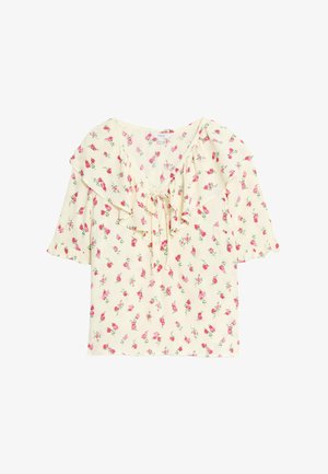 Blumenbluse mit cremefarbenem Hintergrund, gerafftem Ausschnitt, kurzen Ärmeln und rosa Rosenmuster. Verfügt über ein Bindeband vorne.