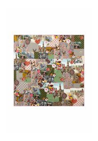 Multicolore patchworkstof met bloem- en landschapsafbeeldingen, stippen, paisley-patronen en geruite patronen op een gestructureerde achtergrond.