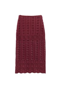 Gonna midi in pizzo borgogna con un design a motivo con strisce verticali e orlo scallopato, realizzata in un materiale all'uncinetto leggero.