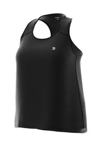 Zwarte sportieve tanktop met een ronde halslijn en uitsnijding op de rug. Gemaakt van vochtregulerende stof, met een logo op de voorkant.