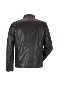 Schwarze Lederjacke mit einem hohen Kragen, langen Ärmeln und einer glatten Textur. Auffällige Nähte und Rückennahtdetails. Minimaler Metallbesatz.