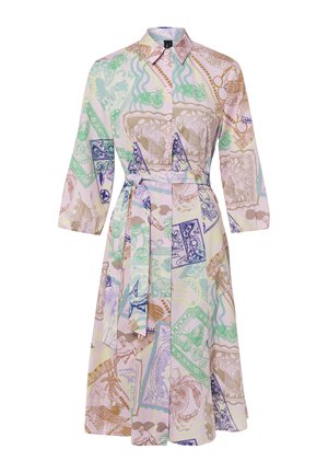 Nupuvööga triiksärkkleit kraega, 3/4 varrukatega; pastelse tausta peal mitmevärviline loomade ja lillede trükk.