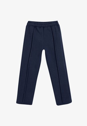 Marineblauwe, zachte stoffen broek met een elastische tailleband en twee voorplooien. Recht pijpdesign zonder zakken, geschikt voor casual wear.