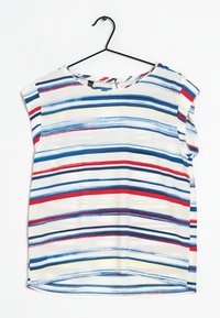 Blusa a maniche corte in tessuto leggero con righe orizzontali blu, rosse, gialle e bianche. Collo rotondo con una leggera forma svasata.