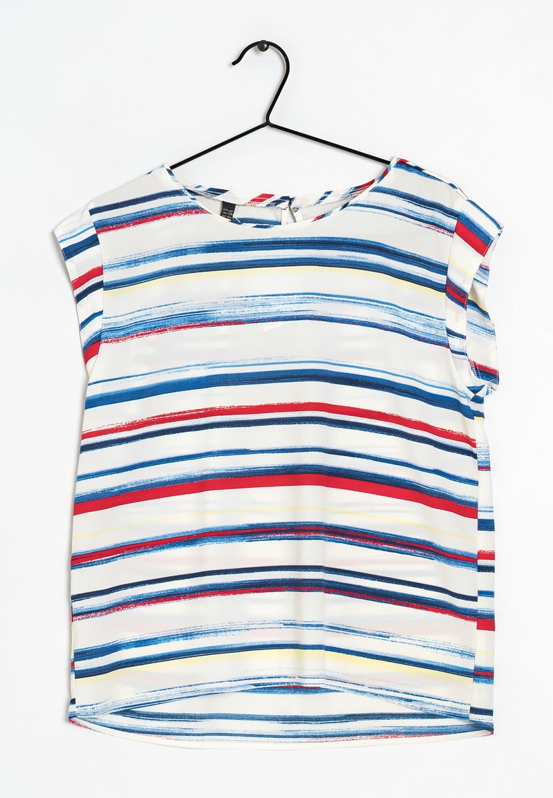 Blusa a maniche corte in tessuto leggero con righe orizzontali blu, rosse, gialle e bianche. Collo rotondo con una leggera forma svasata.