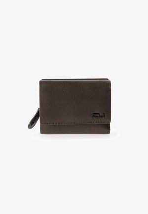 Brown leather wallet with a compact design, featuring a zip pull, embossed logo, and contrasting stitch detailing.