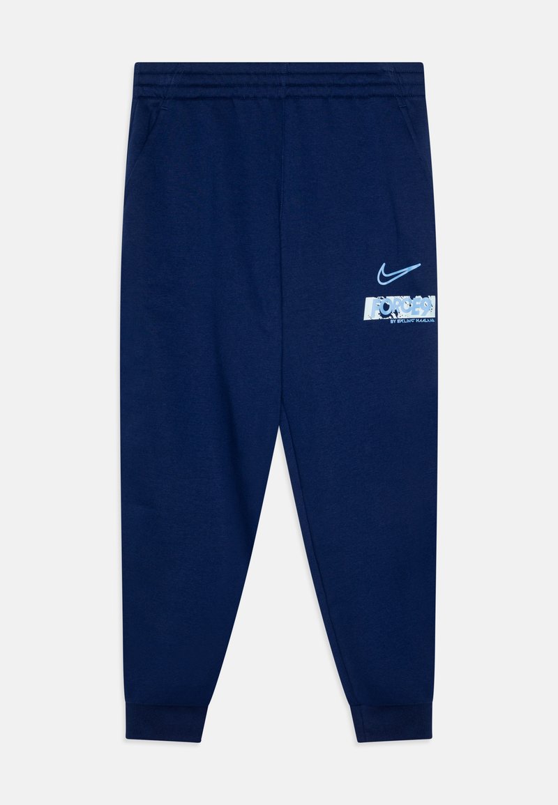 Tumši zilie sporta bikses, izgatavotas no mīksta auduma, ar elastīgu jostu, piedurknēm un printētu Nike logo ar dizainu "FORCE" uz augšstilba.
