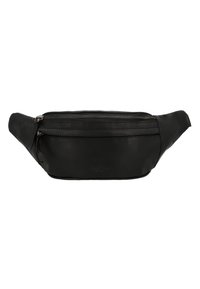 Marsupio in pelle nera con design curvato, dotato di una tasca frontale con zip e texture liscia. Cuciture di accentuazione lungo i lati.