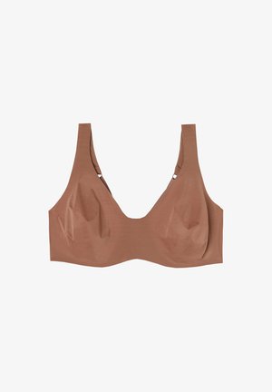 Brauner kabelloser Bralette aus glattem Stoff mit breiten Trägern und runder Ausschnitt. Verfügt über weiche Körbchen und minimalistisches Design.