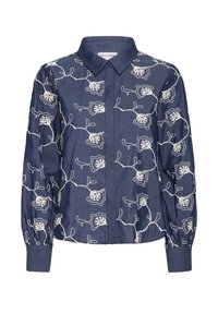 Mørkeblå langærmet bluse med hvid abstrakt blomsterbroderi, knaplukning ved håndleddene og spidse kraver.