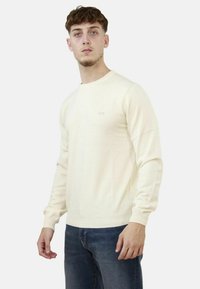 Pullover in maglia beige chiaro con maniche lunghe, scollo a giro e logo sottile sul petto. Abbinato a jeans blu scuro. Texture liscia.