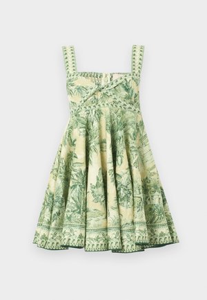 Πράσινο και εκρού φόρεμα χωρίς μανίκια με τετράγωνη λαιμόκοψη και λεπτομερές βοτανικό σχέδιο, με φιόγκο στο μπροστινό μέρος και φούστα σε καμπάνα.