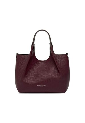 SAC À MAIN en cuir bourgogne avec une finition texturée, une forme arrondie et deux anses. Comprend un logo minimal à l'avant.