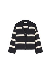 Navy- und cremefarbener gestreifter Cardigan aus weichem Strickmaterial. Hat einen V-Ausschnitt, lange Ärmel und Knöpfe vorne.