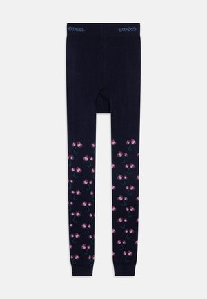 Granatowe legginsy w kwiatowe wzory w odcieniach różu i zieleni, z wygodnym paskiem w talii z niebieskim haftowanym napisem. Miękki materiał tekstylny.