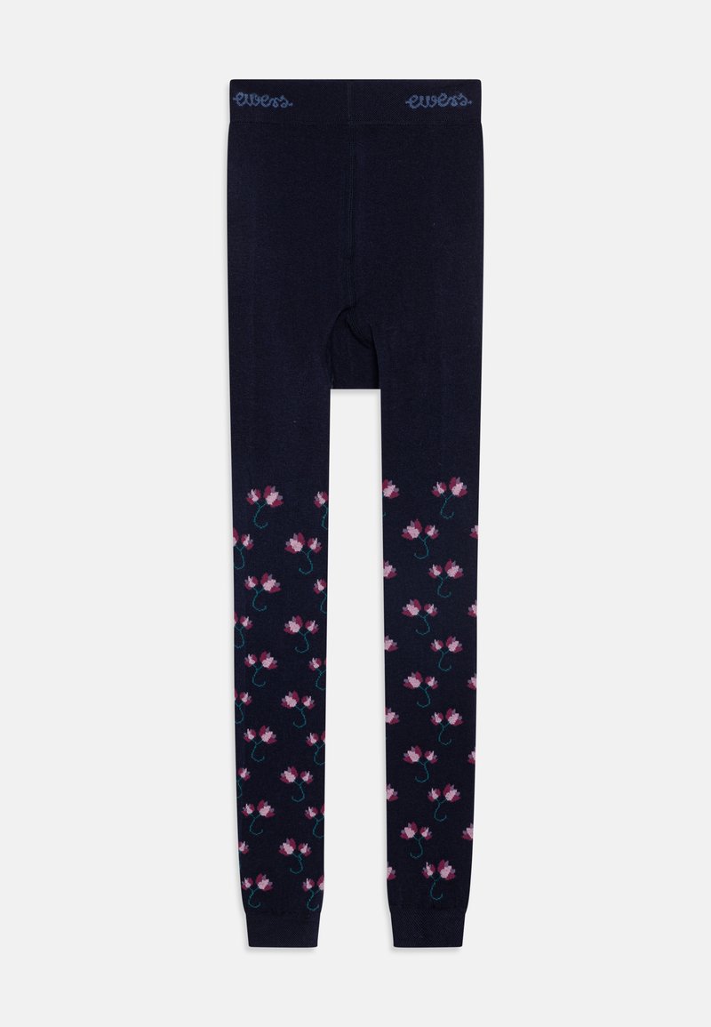 Granatowe legginsy w kwiatowe wzory w odcieniach różu i zieleni, z wygodnym paskiem w talii z niebieskim haftowanym napisem. Miękki materiał tekstylny.