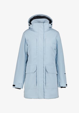 Světle modrý zateplený zimní kabát s kapucí, přední zip krytý légou proti dešti a dvěma velkými předními kapsami s klopou.