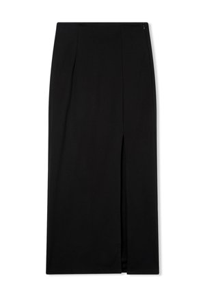 Gonna nera a tubino, lunghezza al ginocchio, con spacco frontale e cerniera laterale, realizzata in tessuto morbido, distesa su uno sfondo bianco.