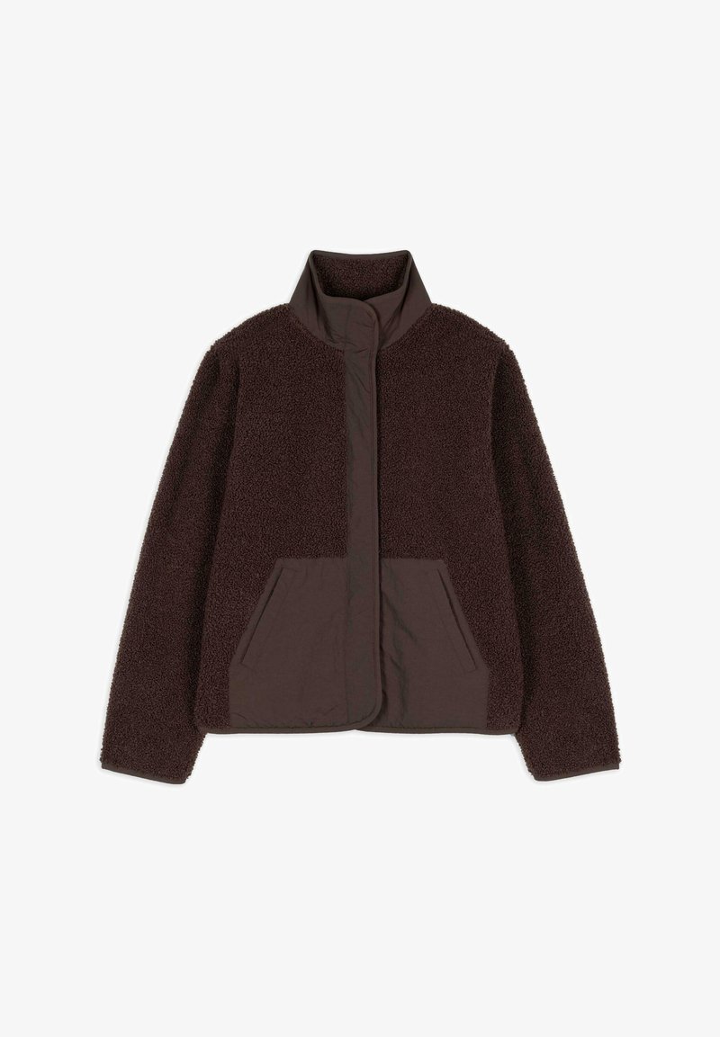 Brown fleece jacket with a textured outer, solid fabric panel at the front, high collar, and two front pockets.