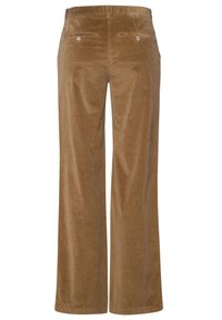 Bruna corduroy-byxor med vida ben, med en ribbad textur, två bakfickor med knappar och ett strukturerat midjeband.