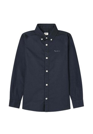 Camicia blu navy a maniche lunghe con bottoni e colletto abbottonato, con piccolo logo bianco ricamato sul petto a sinistra.